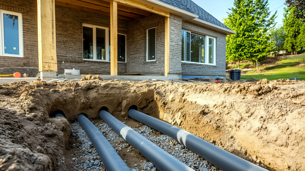 Geothermal installation with exposed ground loop pipes outside a new brick home in Indiana