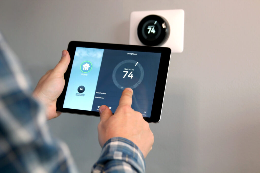 Smart thermostat on wall in cozy Indiana home