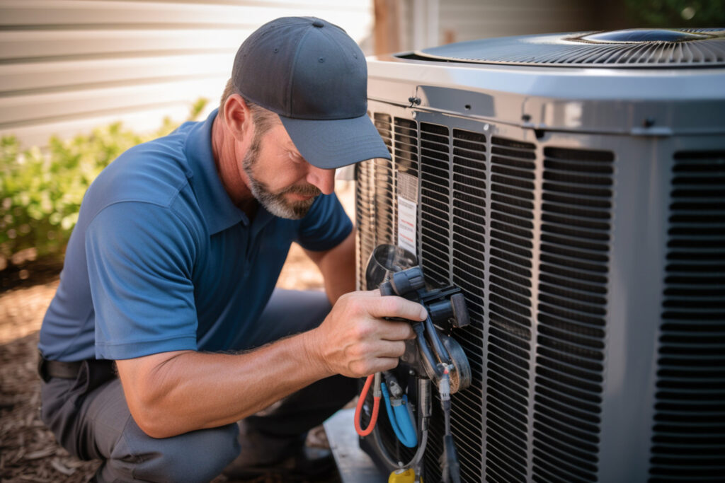 HVAC technician performs maintenance on a a homeowner's unit in spring