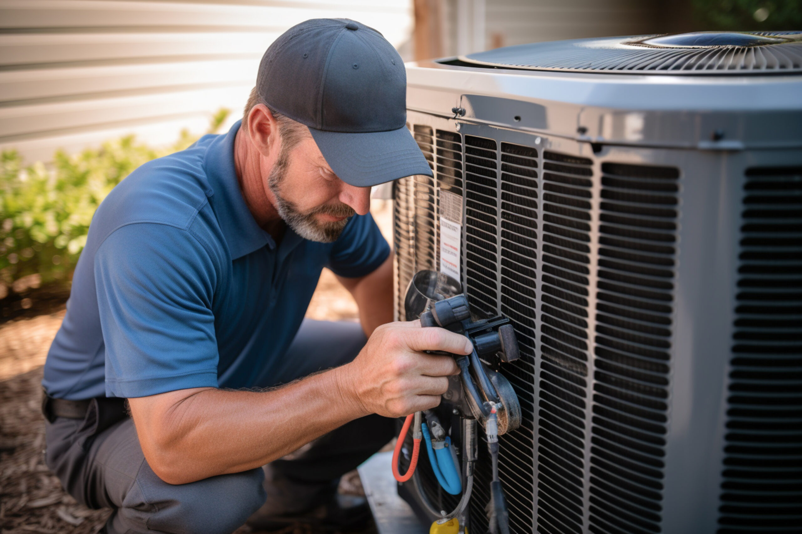 HVAC technician performs maintenance on a a homeowner's unit in spring